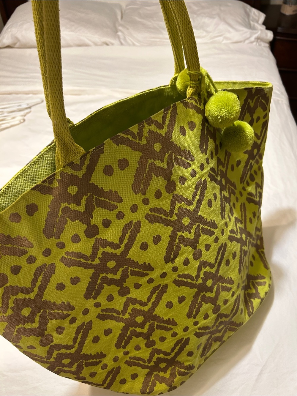 Mud Pie Lime Green and Brown Patterned Tote with Pom Pom Detail